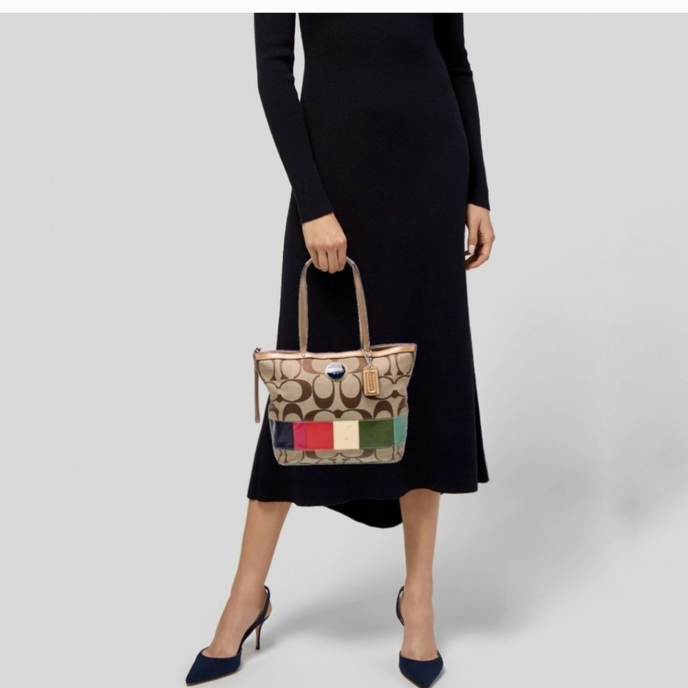 Coach Legacy Rainbow Patchwork Signature Khaki Gold Leather Handles